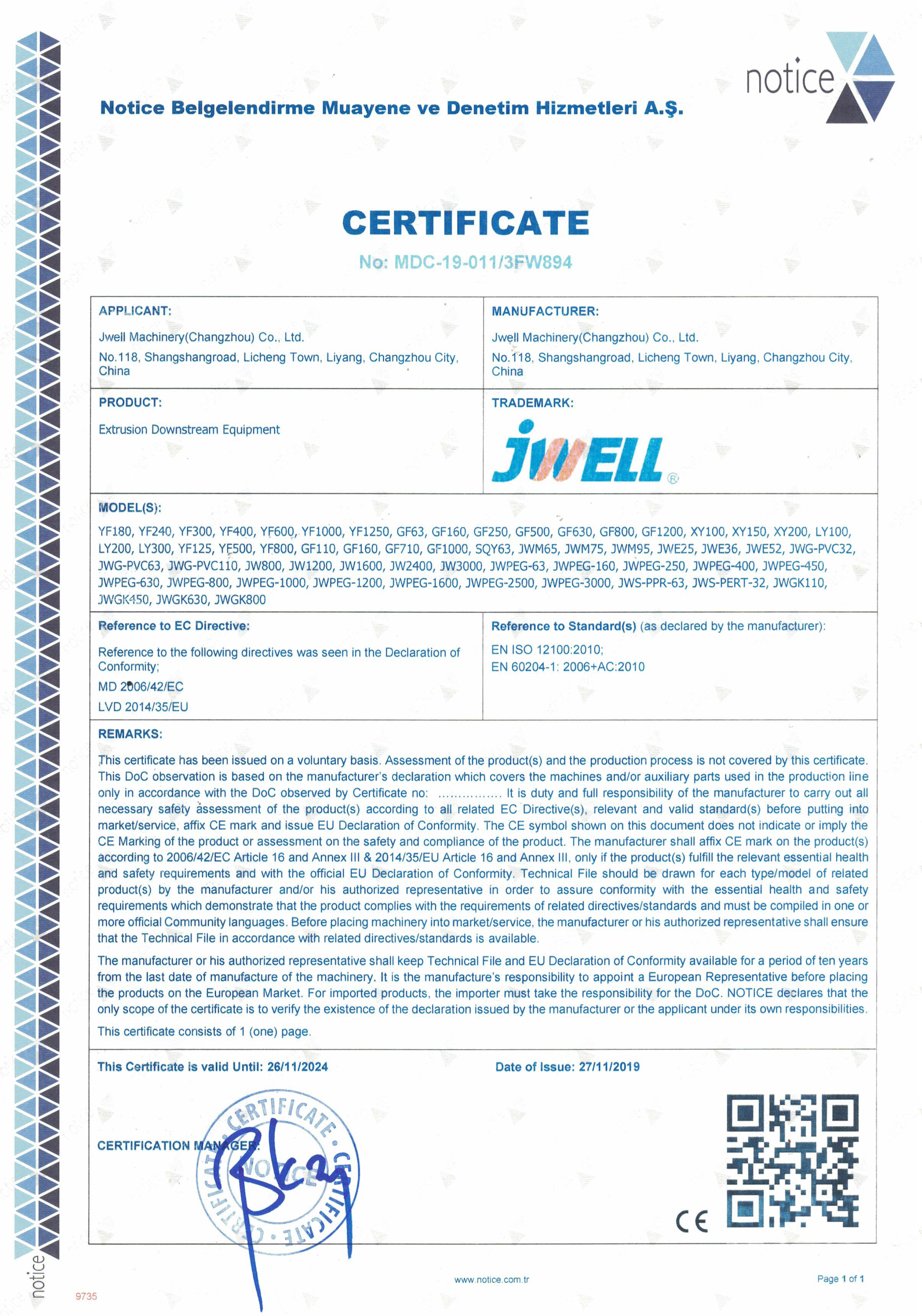 Porcellana Jwell Machinery (Changzhou) Co.,ltd. Certificazioni